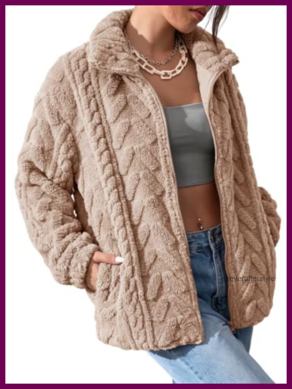 Fleece Zip Up Jacket Long Sleeve Stand Collar Oversized with Pockets